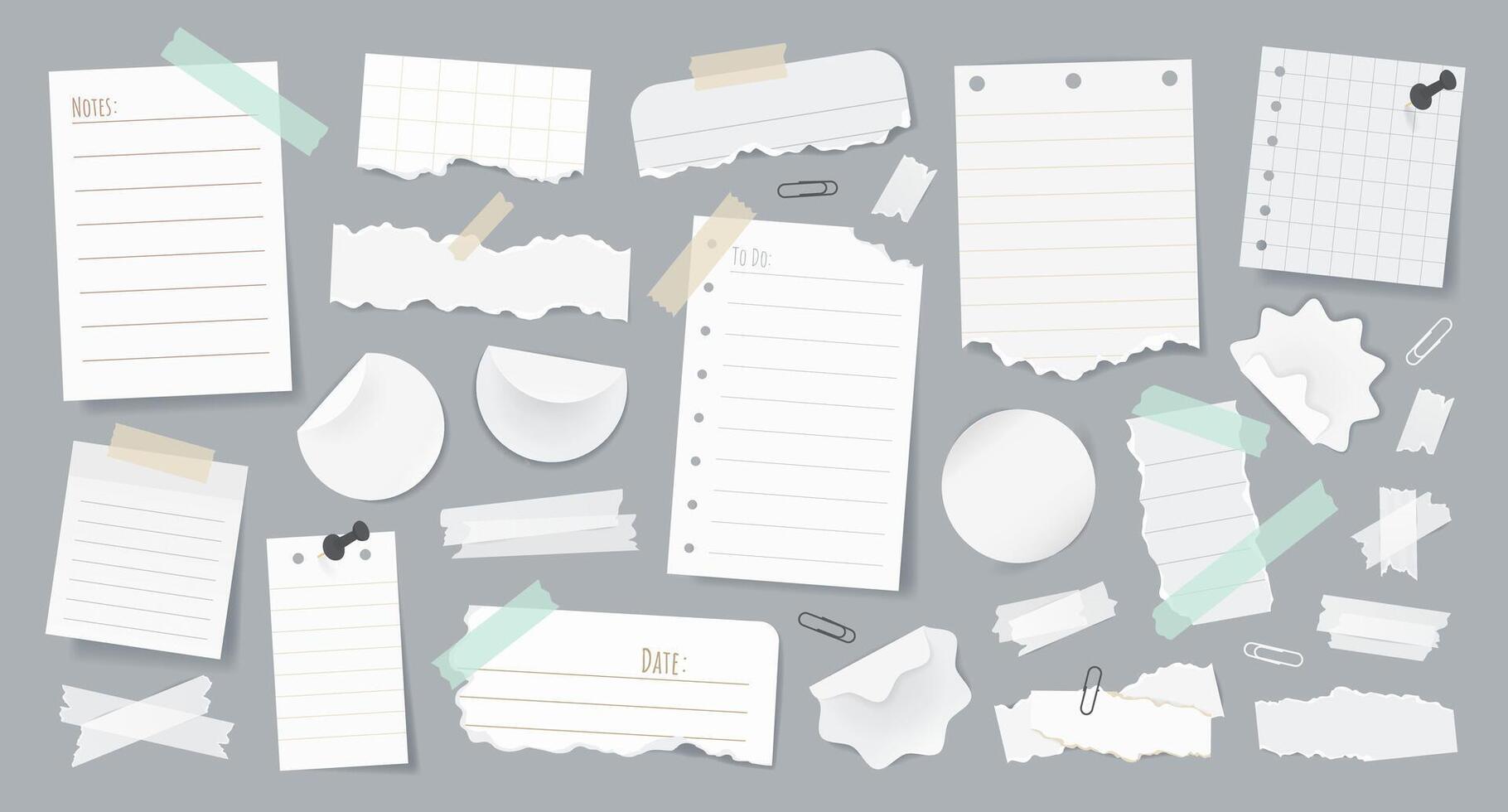 Set of realistic torn paper notes, stickers, to do list, duct tapes, paper clips. Isolated white sticky elements and reminders for mood boards, scrapbooking, and collages on background. vector