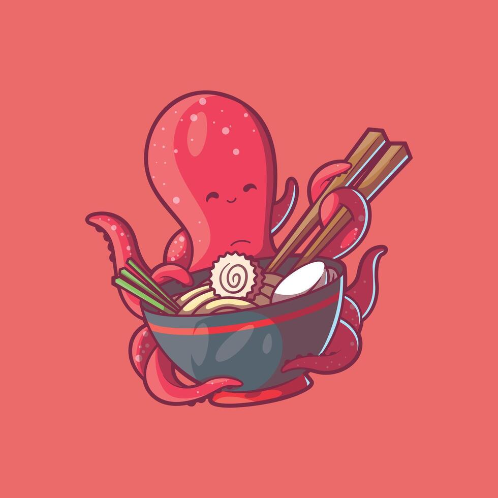 Cute Octopus character eating Ramen with chopsticks. vector