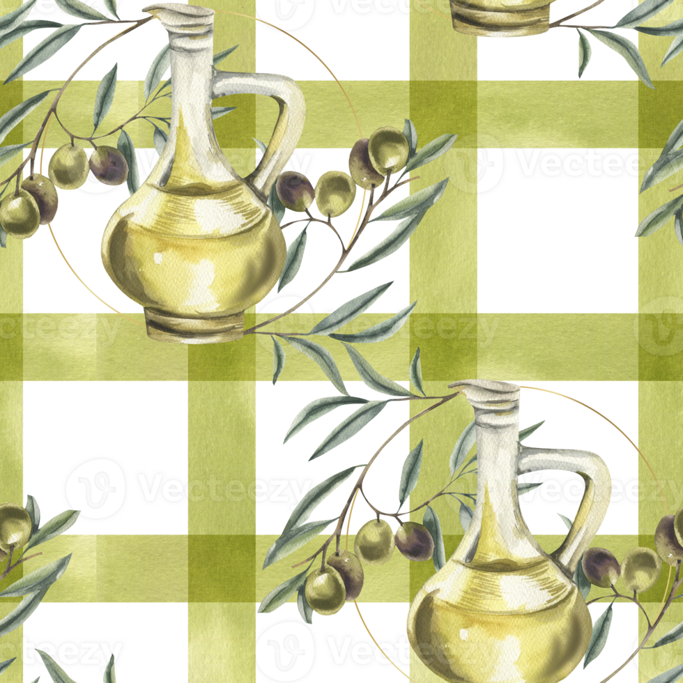 Vegetarian olive oil in glass jug decorated with floral branches on plaid watercolor background. Hand drawn seamless pattern in rustic style, vegan food clipart for kitchen fabric, textile design png