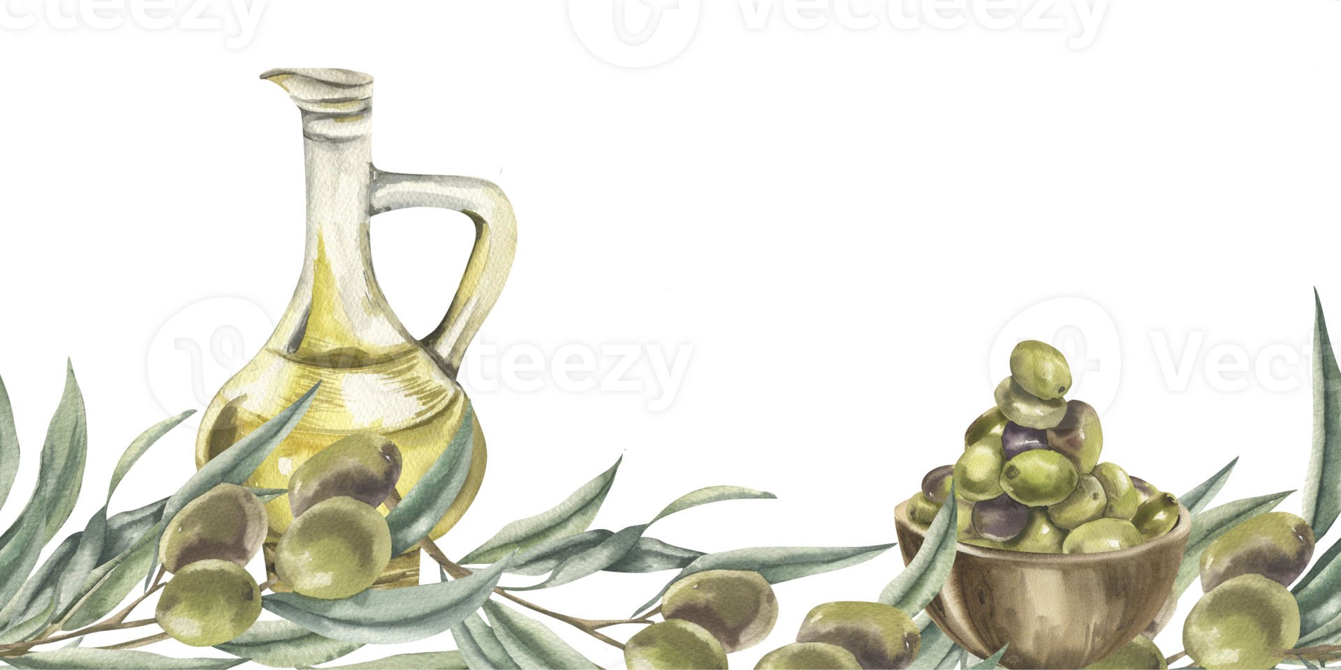 Vegan food seamless border with olives branches and bunch in wooden plate, decorated with glass oil jug illustration. Hand drawn watercolor banner for Italian restaurant wallpaper,menu,textile design png