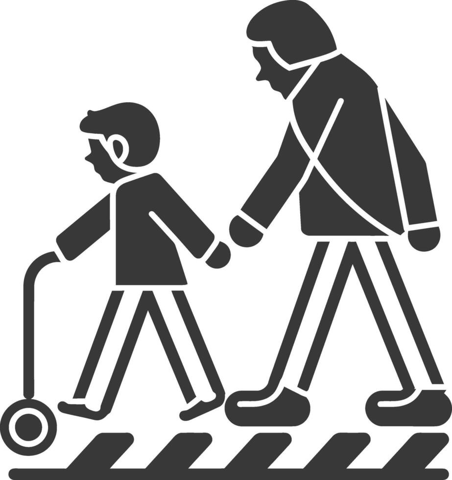 A black and white illustration of a man and child walking across a crosswalk vector