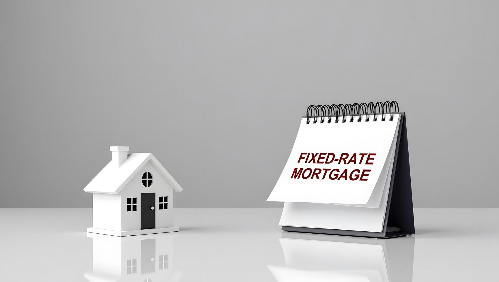Miniature House and Calendar with Fixed Rate Mortgage Text Real Estate and Home Loan Concept photo