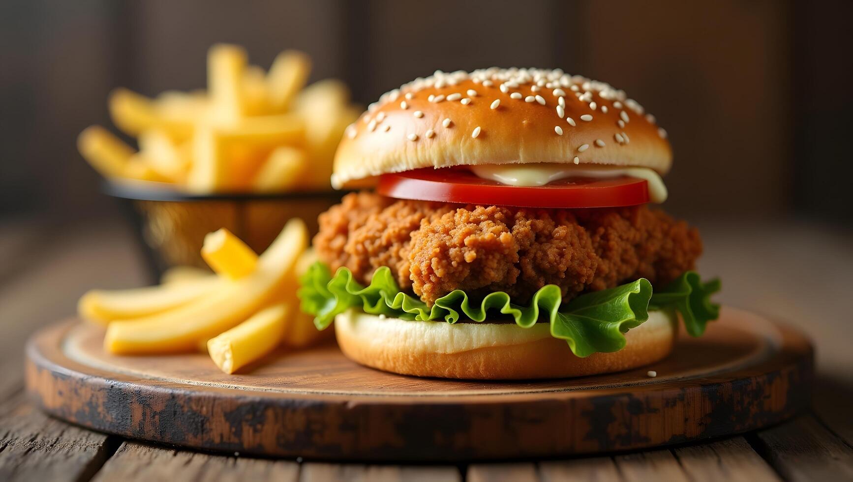 Crispy Fried Chicken Burger with Fresh Lettuce and Tomato Served with French Fries photo