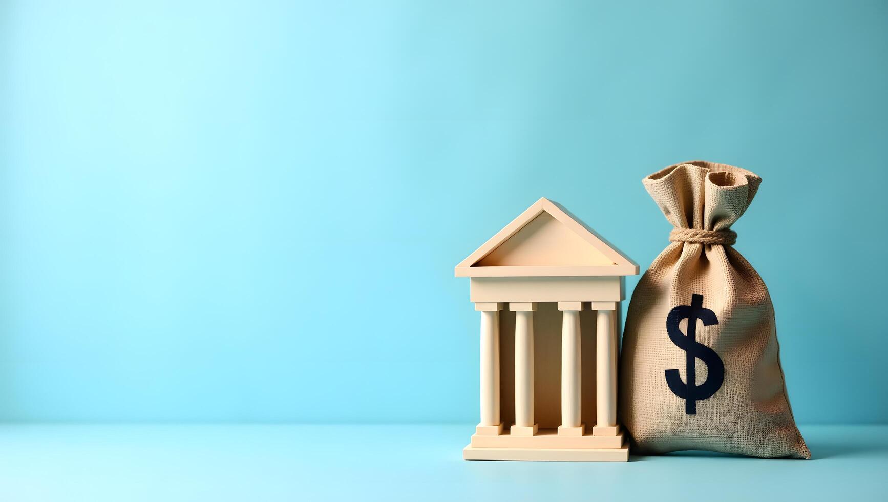 Banking and Finance Concept with Money Bag and Government Building on Blue Background photo