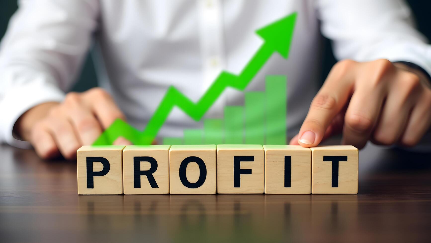 Profit Growth Concept with Wooden Blocks and Upward Arrow Graph photo