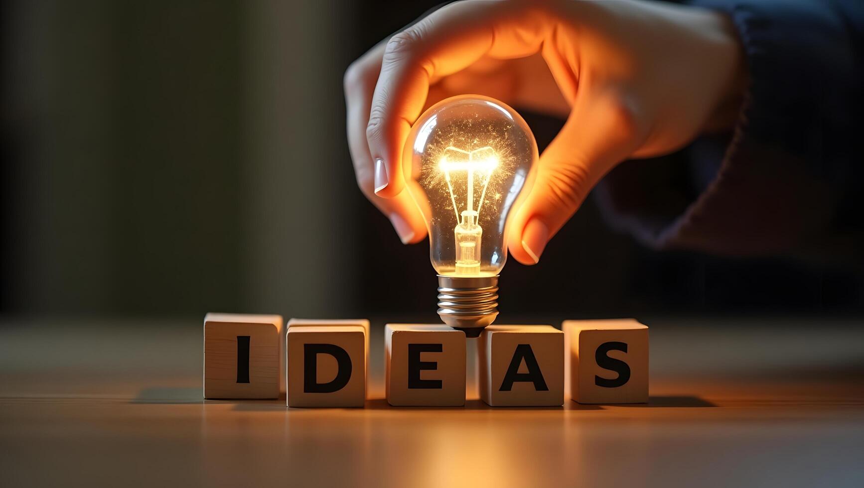 Hand Holding Glowing Light Bulb Above Wooden Blocks Spelling IDEAS Creativity and Innovation Concept photo