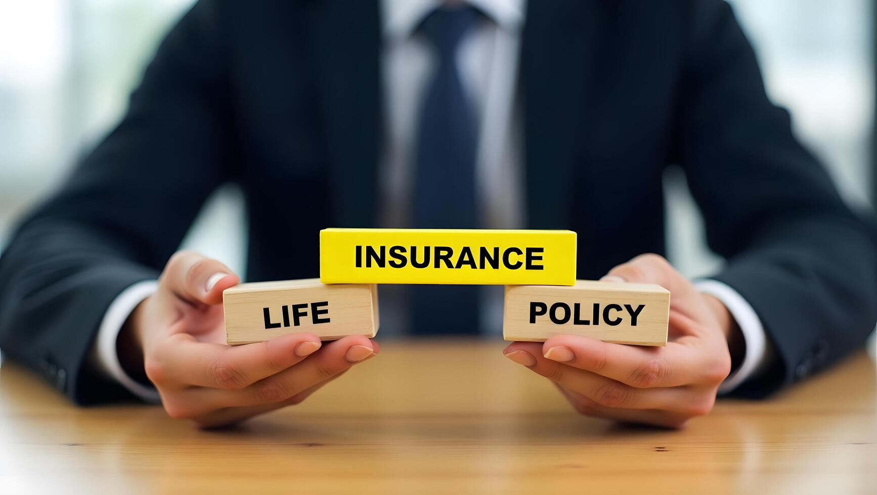 Businessman Holding Life Insurance Policy Concept with Wooden Blocks on Desk photo