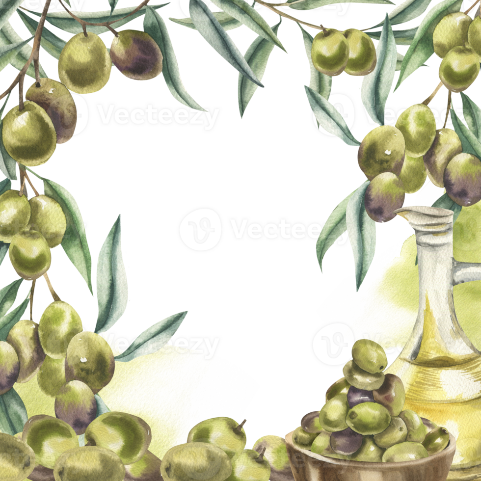 Olives floral watercolor template with olive bunch in wooden plate and oil glass jug illustration. Hand drawn frame with vegan eco food,Greek traditional product for packing,label,logo design png