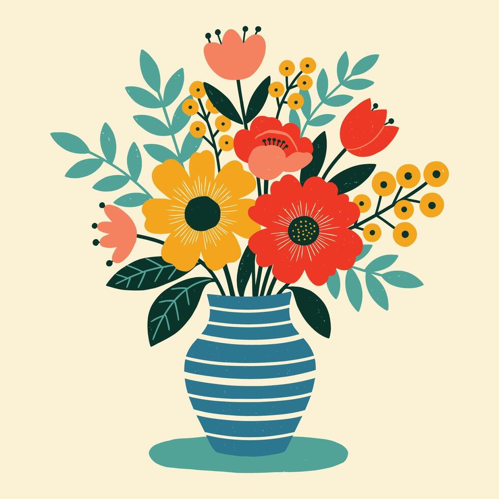 Colorful Floral Bouquet in Striped Vase vector