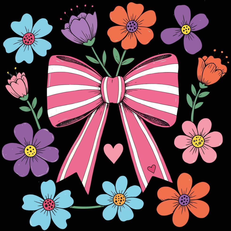 Colorful Flowers with Pink Striped Bow and Heart vector
