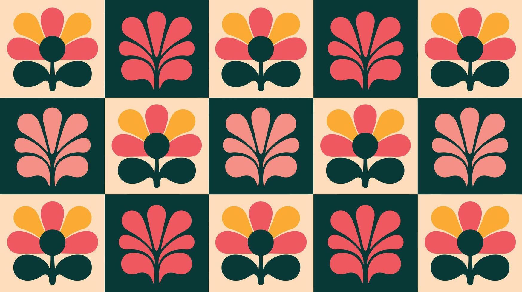 Retro Floral Checkered Pattern in Warm Tones vector