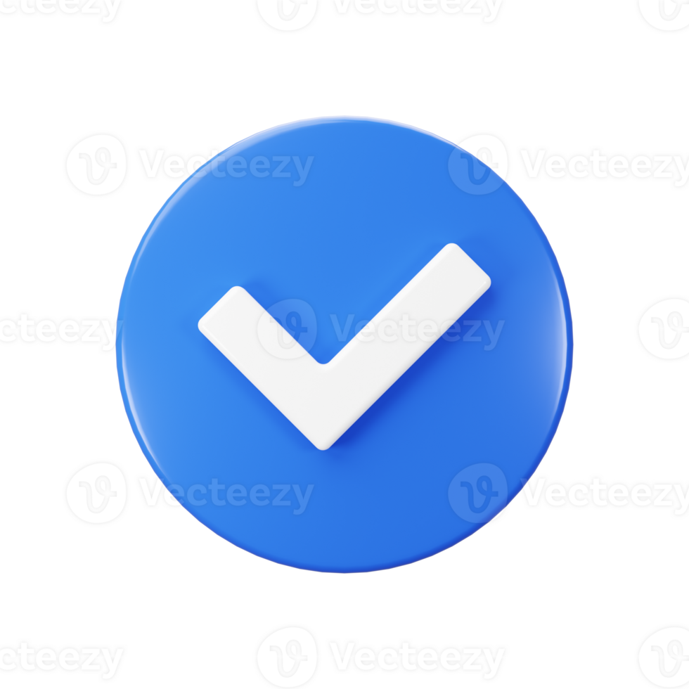 Isolated front view 3d render of blue check mark icon illustration png