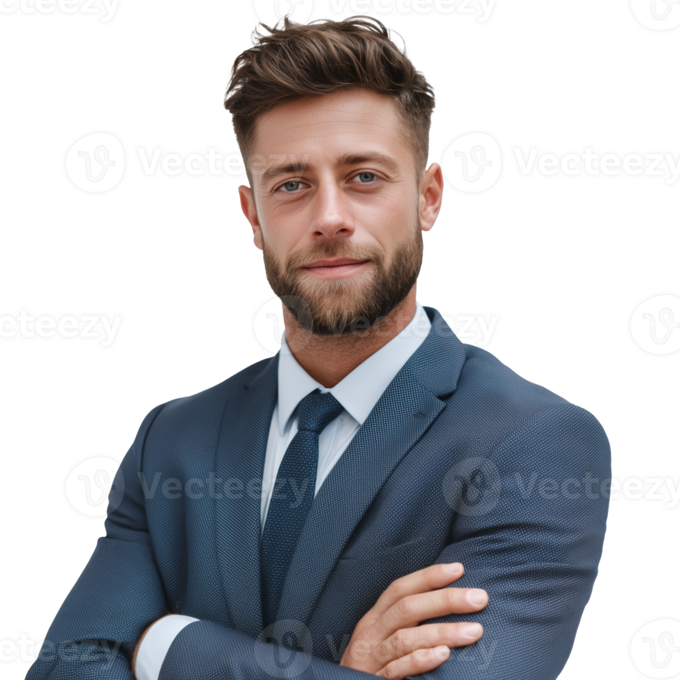 A man in a suit and tie standing with his arms crossed png