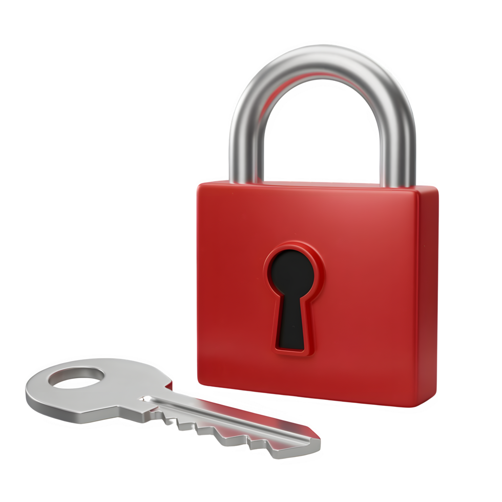 3d render of a bright red padlock with silver shackle and matching key on a transparent background png