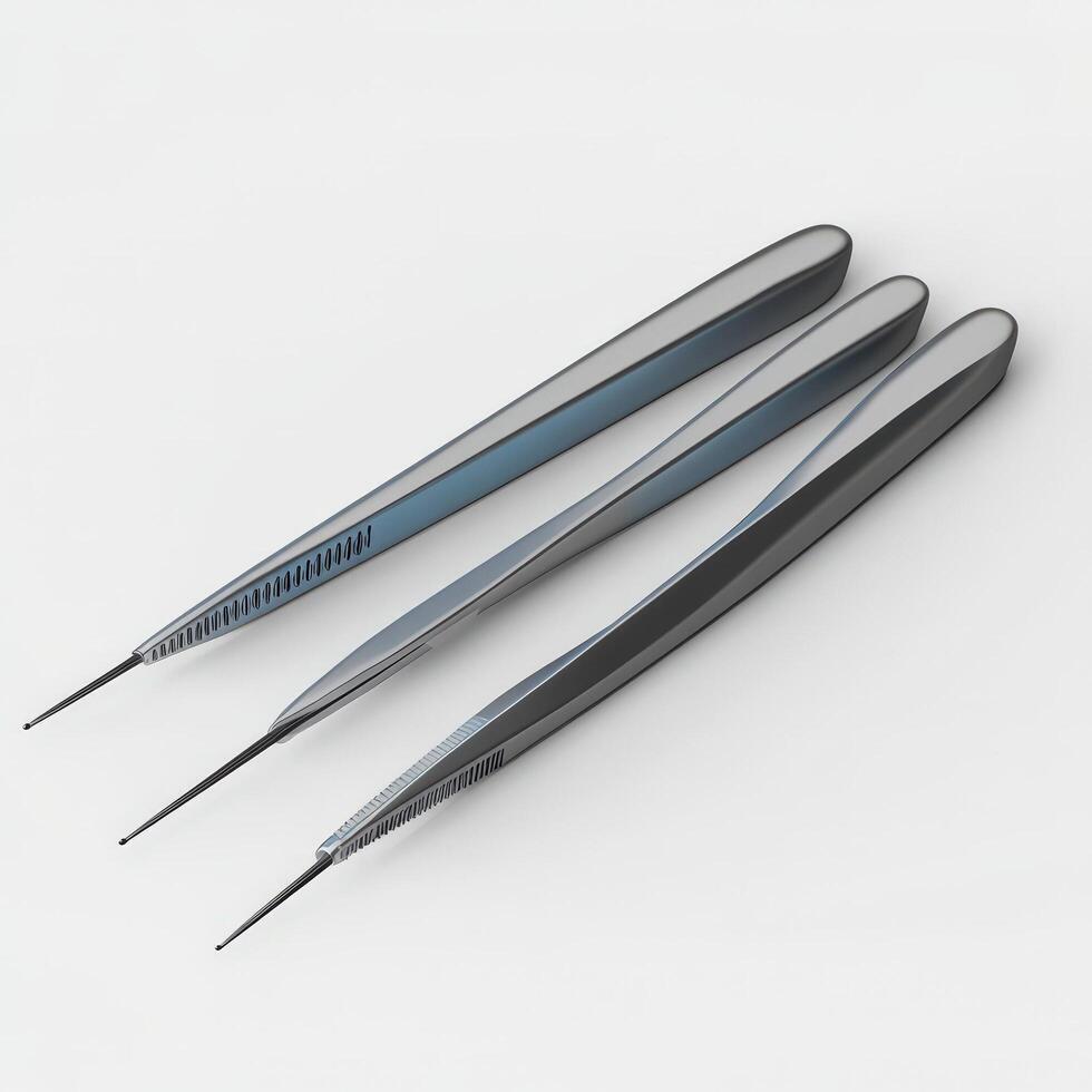 Three Surgical Instruments Lie on White Background photo