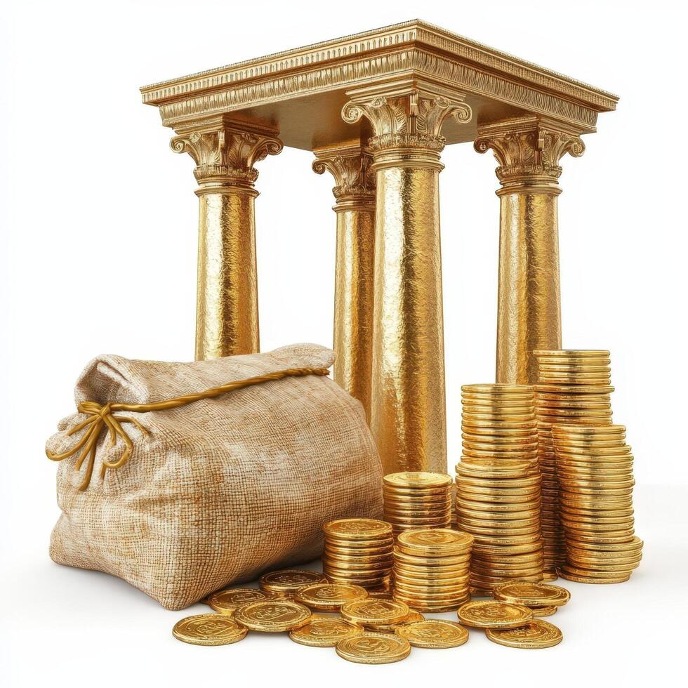 Golden Pillars Wealth Sack And Coins Display photo