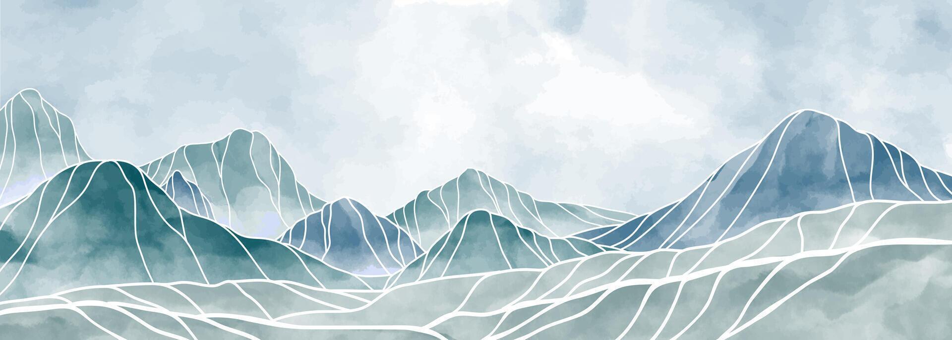 Blue Mountains landscape watercolor painting illustration. Abstract contemporary aesthetic backgrounds landscapes. with mountains, hill, sun and line art. use for print art, poster, cover, banner vector