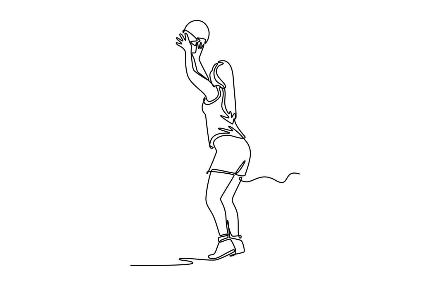Continuous one line drawing back view of woman basketball player in sport uniform doing jump shot for scoring point while training on court arena. Single line draw design graphic illustration vector