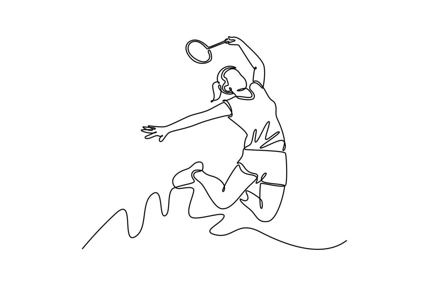 Continuous one line drawing beauty woman badminton player jumping and smash the shuttlecock with racket on indoor court. Sport activity and leisure. Single line draw design graphic illustration vector