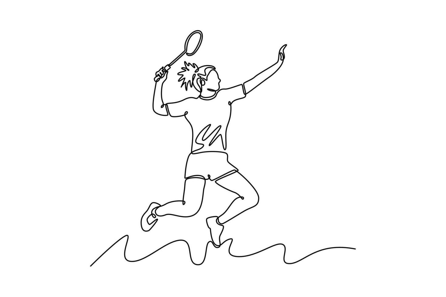 Continuous one line drawing woman badminton player jumping and smash the shuttlecock with racket on indoor stadium. Healthy activity and recreation. Single line draw design graphic illustration vector