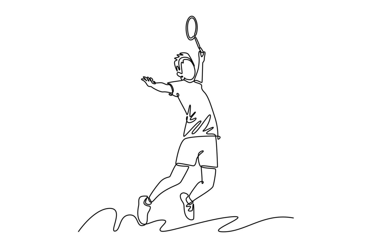 Single one line drawing attractive badminton player doing jumping smash the shuttlecock on indoor court. Player focus on precise technique and movement. Continuous line draw design illustration vector