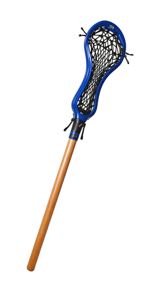 Blue Lacrosse Stick with Wooden Shaft and Black Mesh Head png