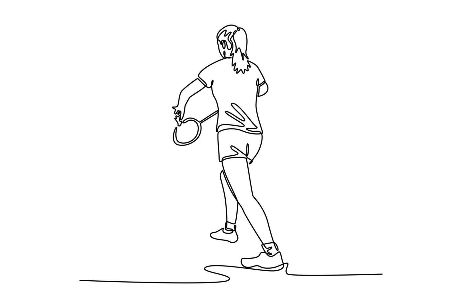 Single continuous line drawing back view of female badminton player in sport clothes holding racket and shuttlecock ready to serve. Healthy activity. One line draw graphic design illustration vector