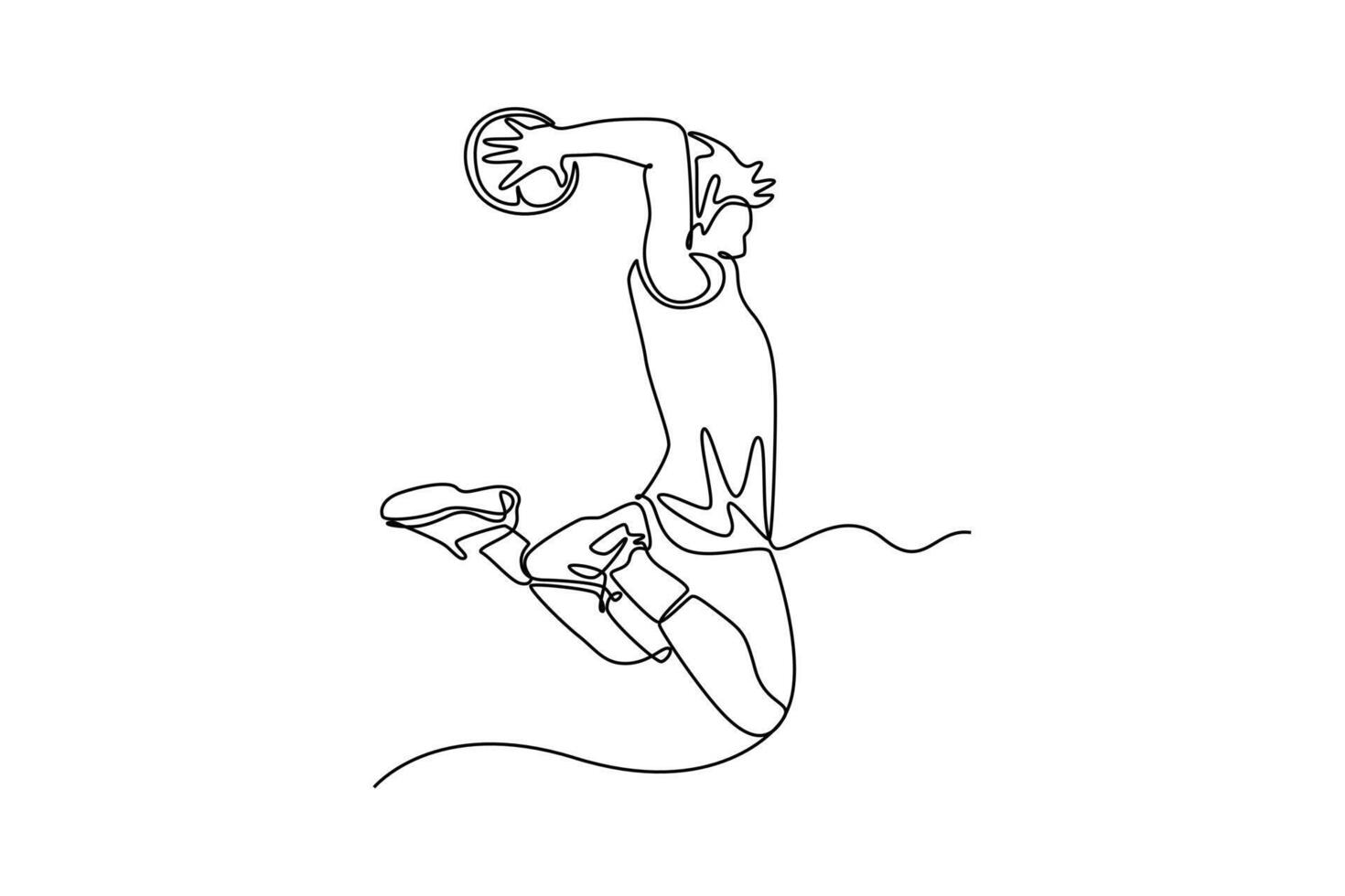 Continuous one line drawing sporty professional basketball player in sport clothes jumping and making dunk while training on national court arena. Single line draw design graphic illustration vector