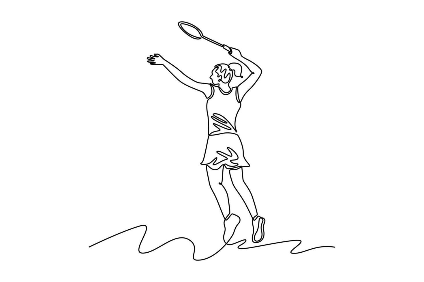 Single continuous line drawing badminton player in hitting position with racket. Wearing sport uniform in indoor stadium competing as female athlete. One line draw graphic design illustration vector