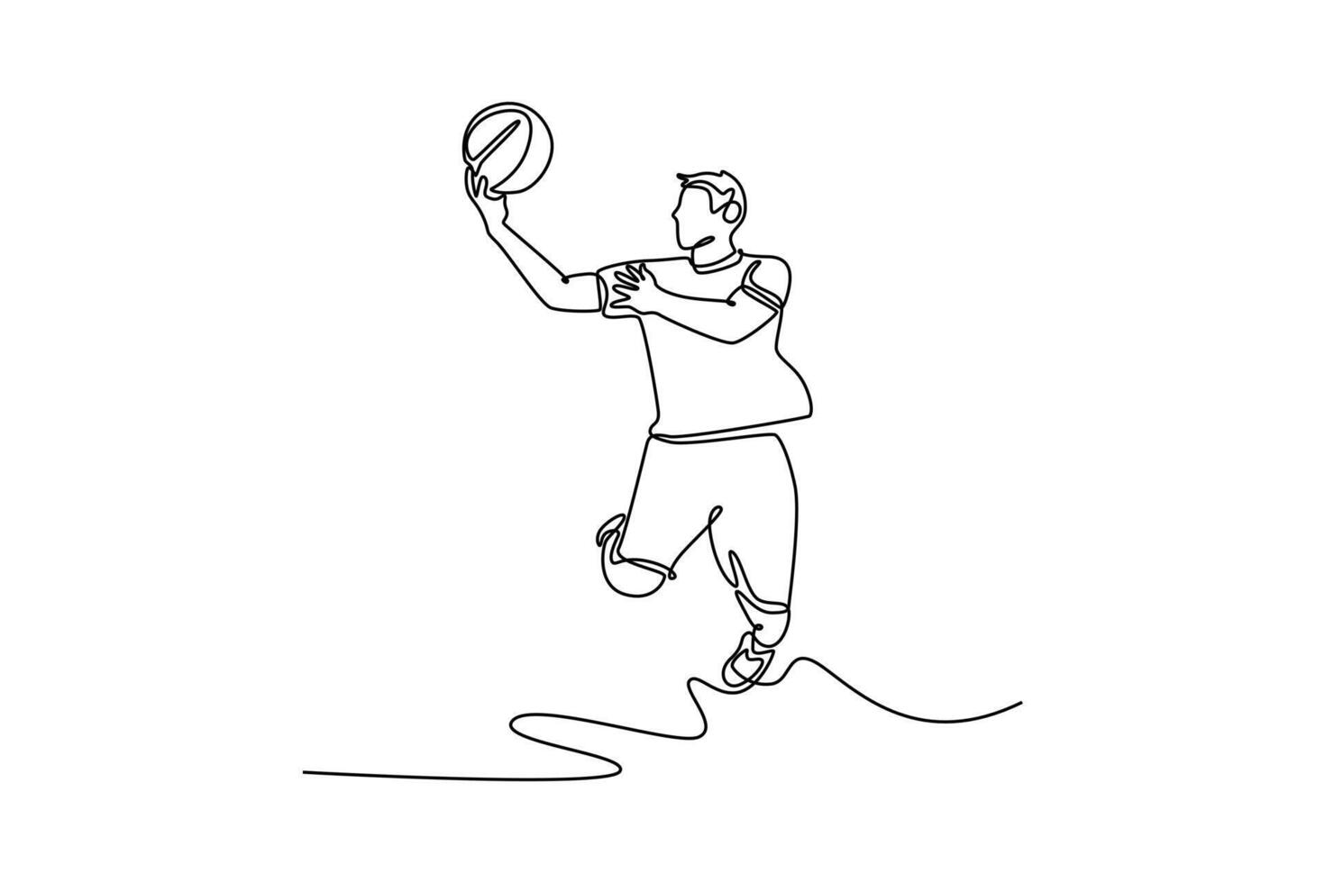 Single one line drawing active male basketball player performing lay up at sport court arena. Healthy sportsman on competitive training season. Continuous line draw design graphic illustration vector