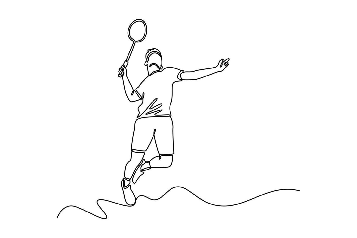 Single one line drawing badminton player in hitting position with racket feeling focused. Wearing sport shirt in stadium competing as male athlete. Continuous line design graphic illustration vector