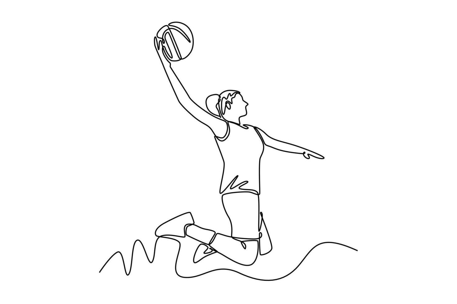 Single continuous line drawing attractive female basketball player makes slam dunk at sport court arena. Healthy urban lifestyle on competitive game. One line draw graphic design illustration vector