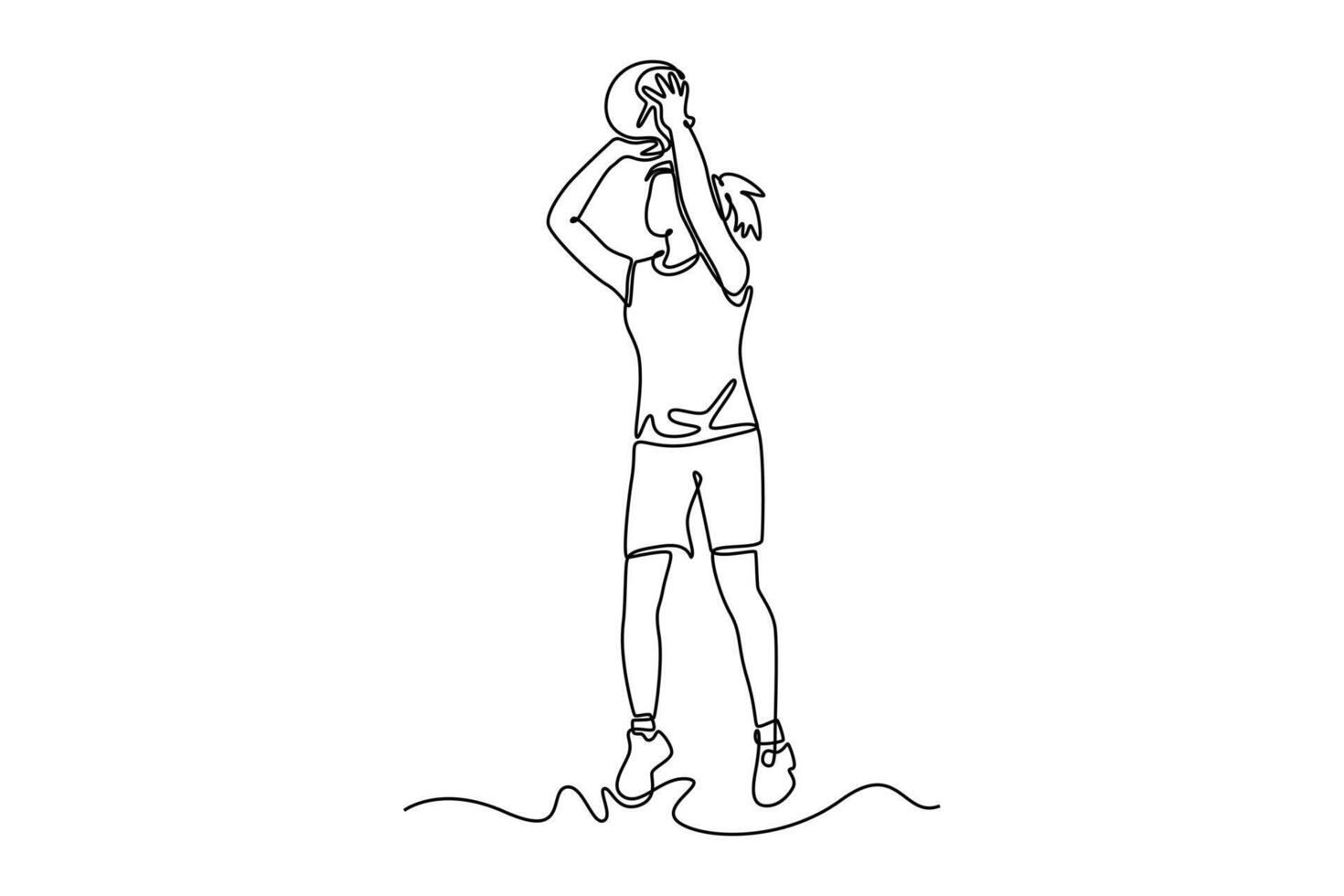 Single continuous line drawing pretty female basketball player doing jump shot for scoring point on big professional court arena during the game play. One line draw graphic design illustration vector