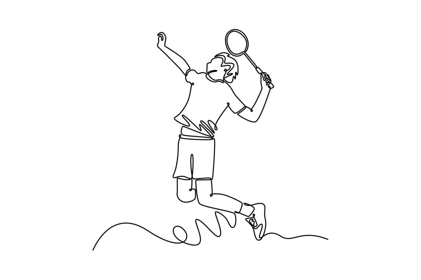 Single one line drawing badminton player jumping and strikes shuttlecock to get point during game on indoor court, showcasing precise technique. Continuous line draw design graphic illustration vector
