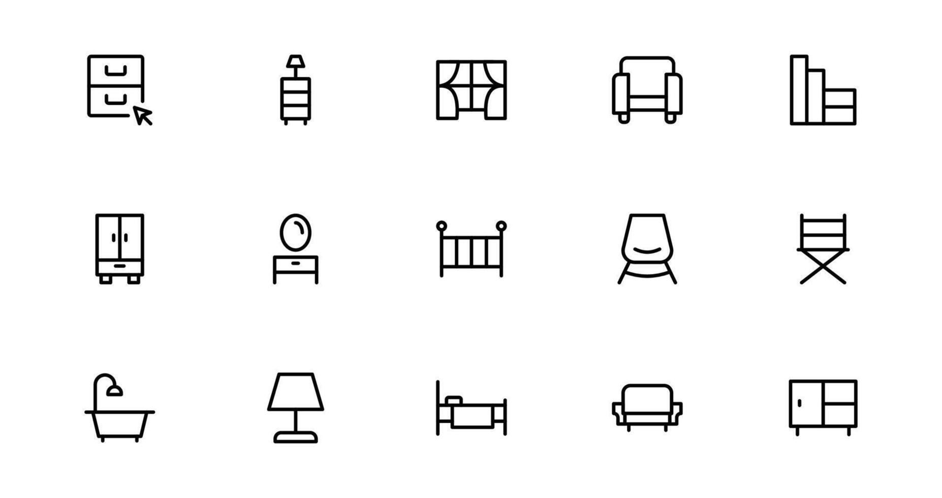 Complete Furniture Icons Set for Modern Design Projects. This Collection Features Chairs, Tables, and Stylish Home Decor Elements. vector
