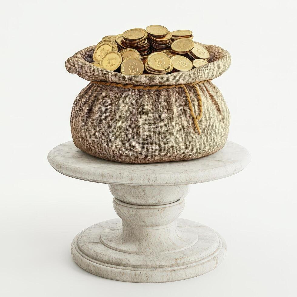 A burlap sack filled with gold coins sits on a pedestal photo