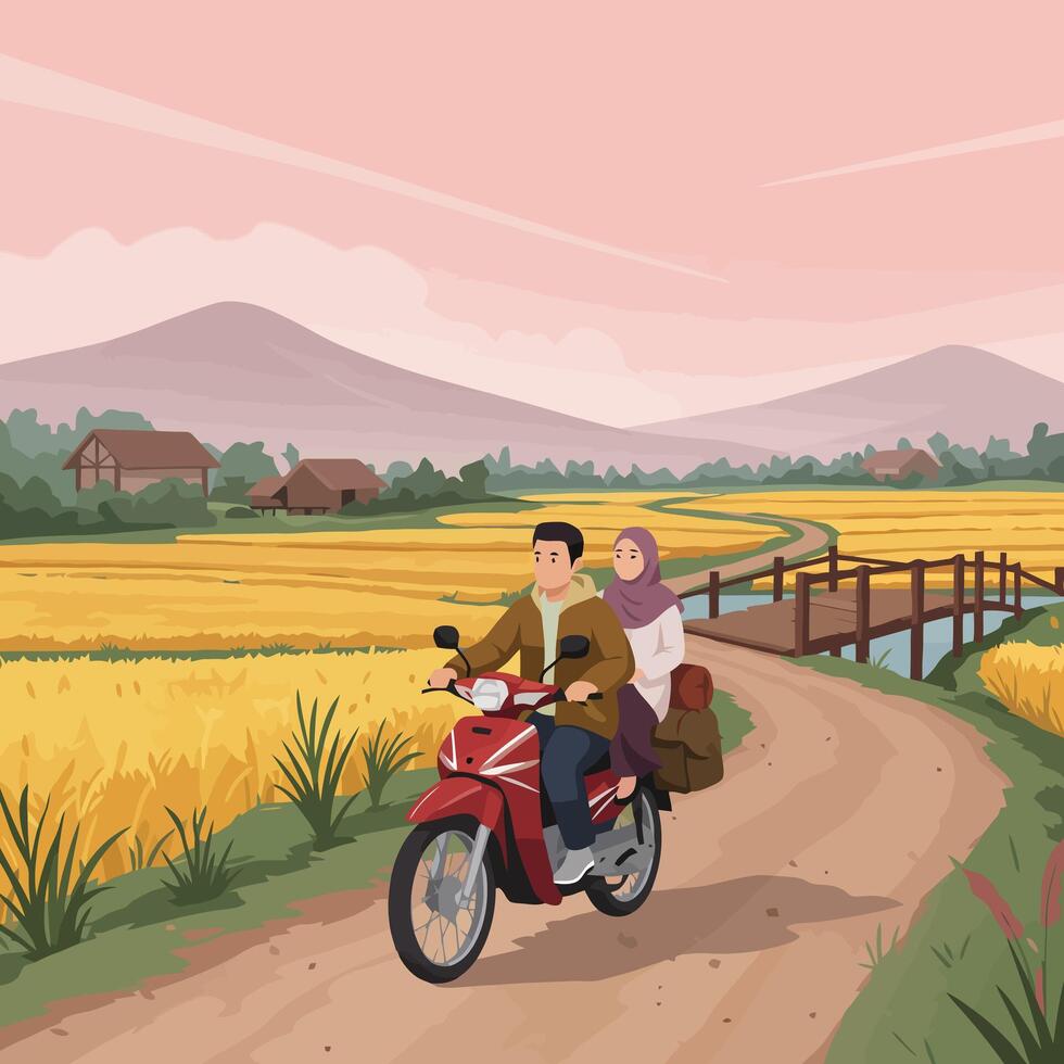 Couple Riding Motorcycle Through Rural Landscape Illustration vector