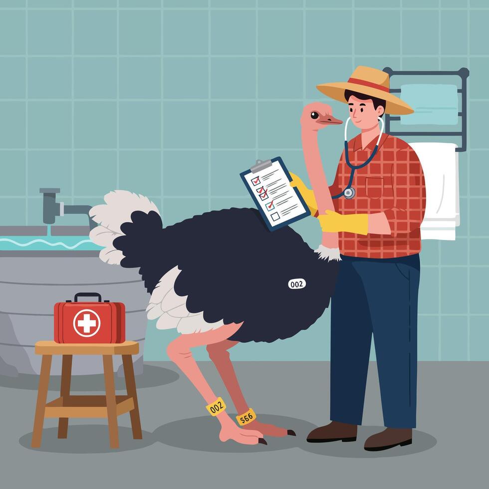Examining Ostrich Checklist with Veterinarian Inspection vector