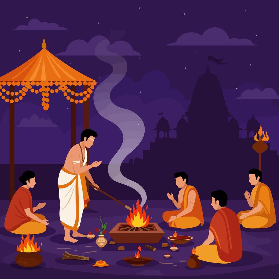 Group Performs Ritual Fire Ceremony at Night vector
