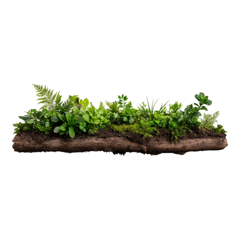 Lush Green Ferns and Plants on Wood Log with Rich Natural Texture png
