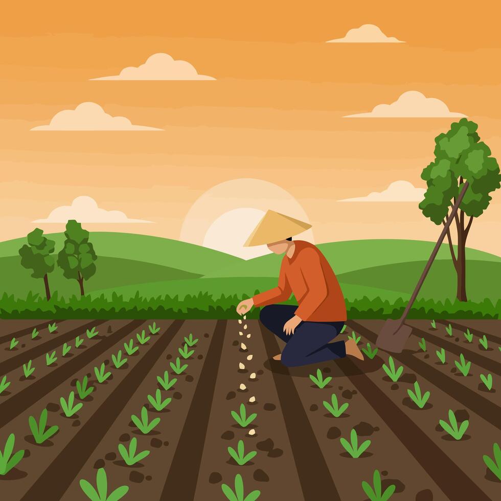 Farmer Planting Seeds in Field at Sunset Agriculture vector