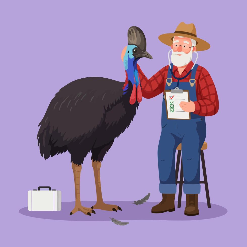 Examining Bird Farmer Checking Large Flightless Fowl Health vector