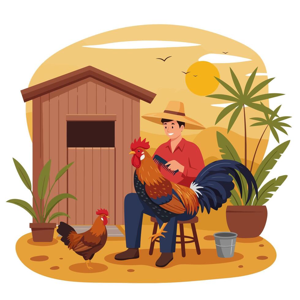 Man Grooming Rooster with Comb on Farm Illustration vector