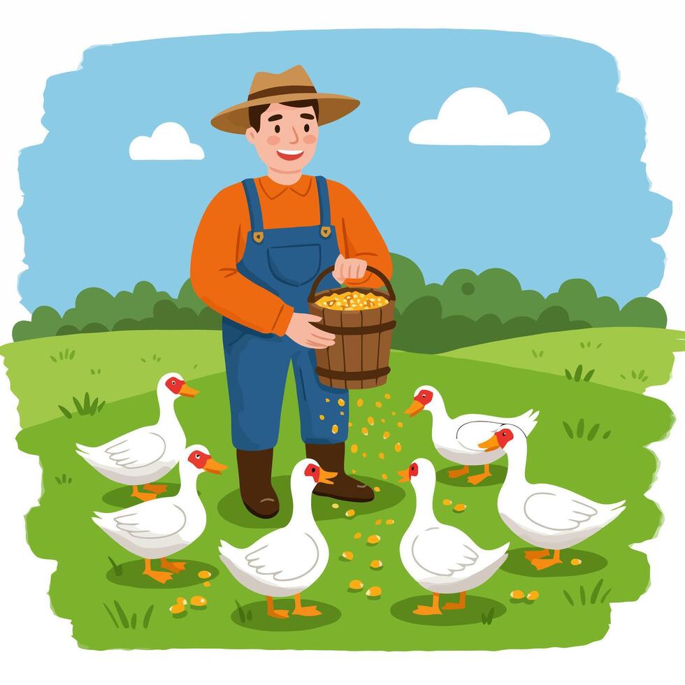 Farmer Feeding Geese in Cartoon Illustration Style vector