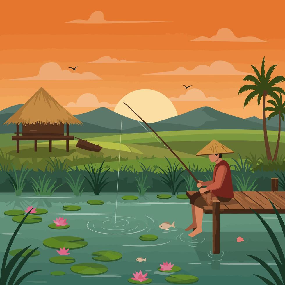 Person Fishing at Sunset by Hut on Pond vector