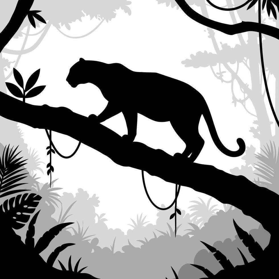 Black Panther Silhouette Walking Along a Branch in Jungle vector