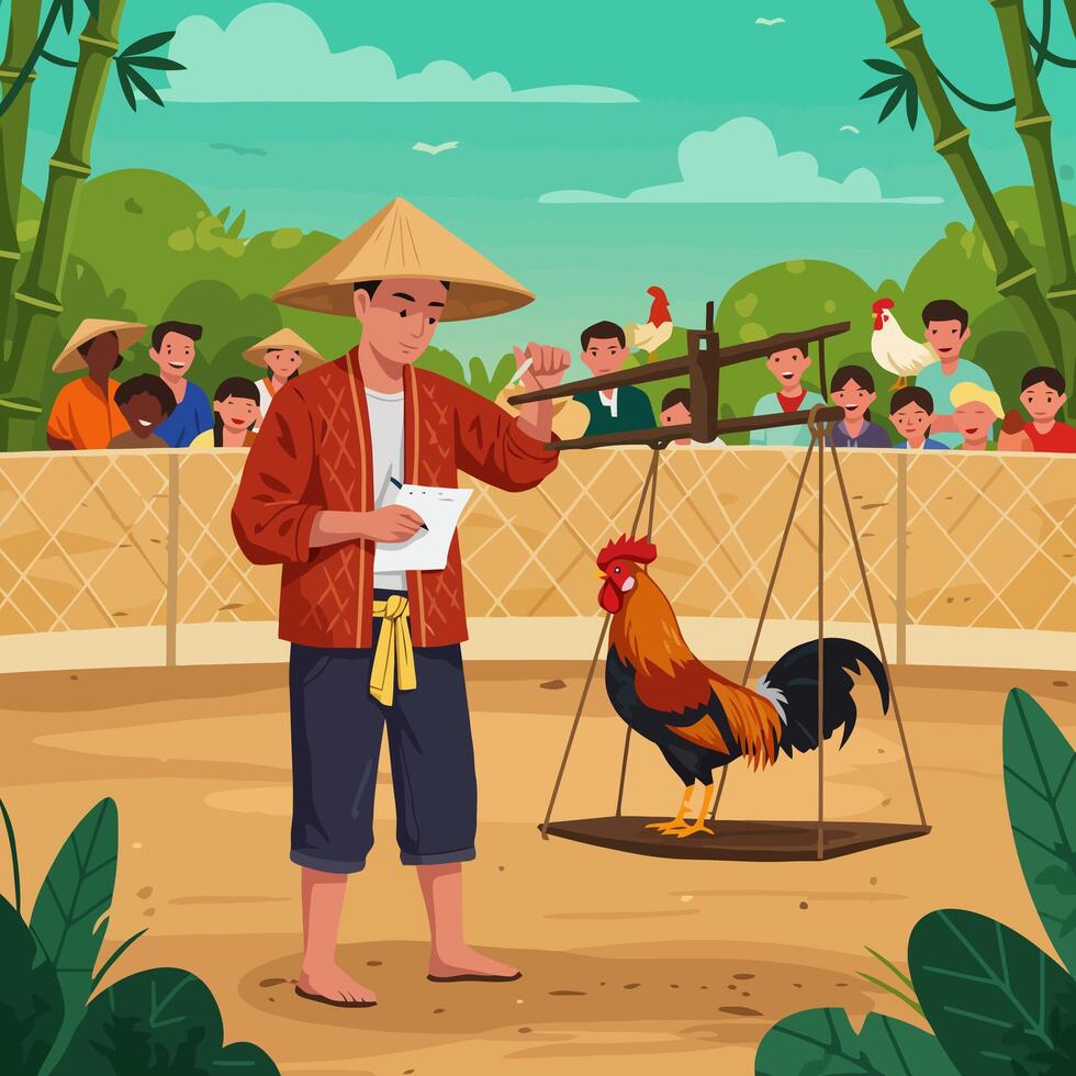 Man Weighing Rooster in Traditional Asian Market Setting vector