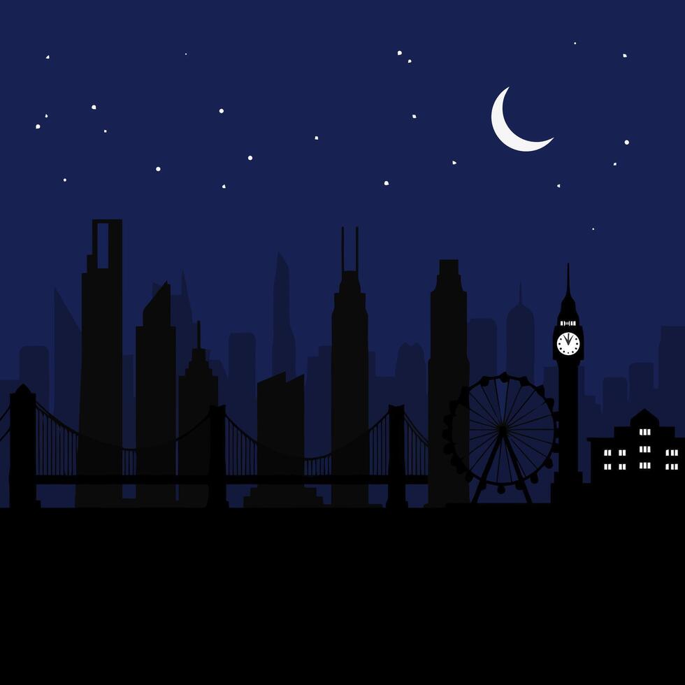 City Skyline Silhouette at Night with Crescent Moon vector