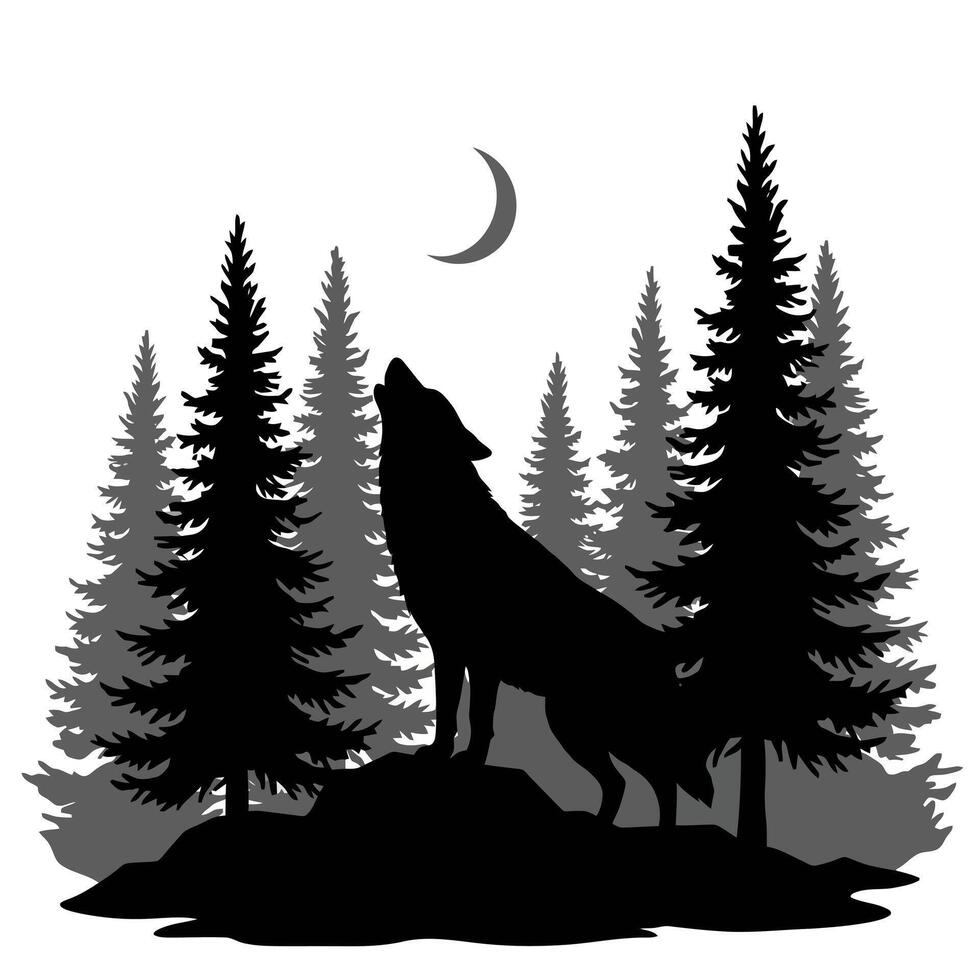 Wolf Howling Silhouette in Forest with Moon Background vector