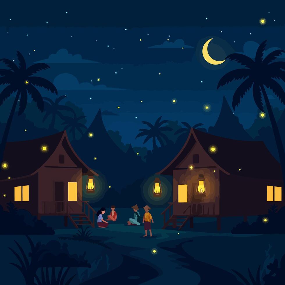 Village Night Gathering Under the Moonlight with Lanterns vector